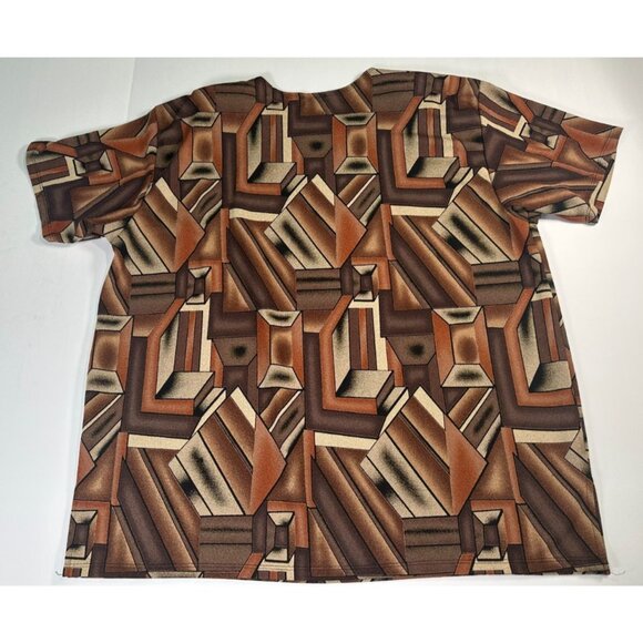 Vintage USA Women’s Blouse 2XL Brown Geometric Print Shoulder Pads Stretch - Picture 5 of 7